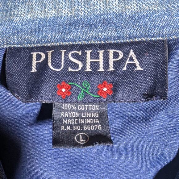 Vtg 1990s Pushpa Blue Cotton Denim Paisley Embroidered Beaded Button Up Jacket L - Picture 5 of 5